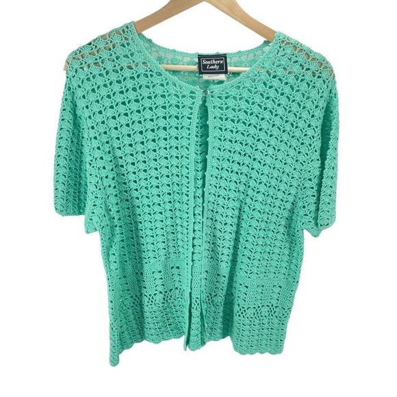 Southern Lady Women's Crochet Open Knit Cardigan large turquoise green - Picture 4 of 12